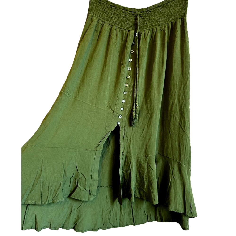Fairy Boho Maxi Skirt Green Buttons Slit Flowy Forest Hippie Cottage Core Long L